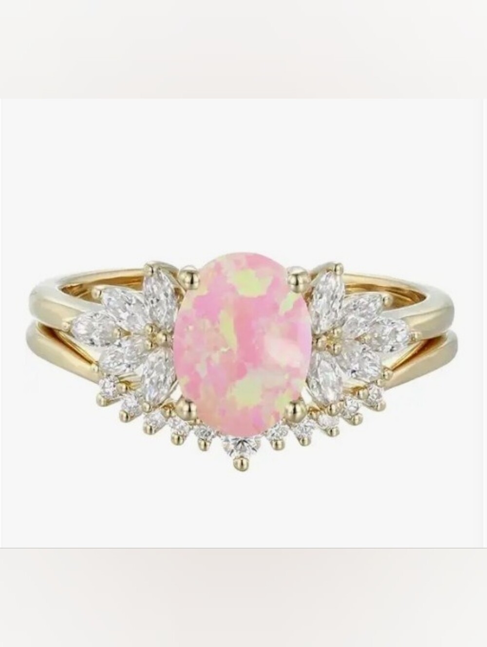 Gold Pink Opal Halo Ring with Marquise Accent Stones